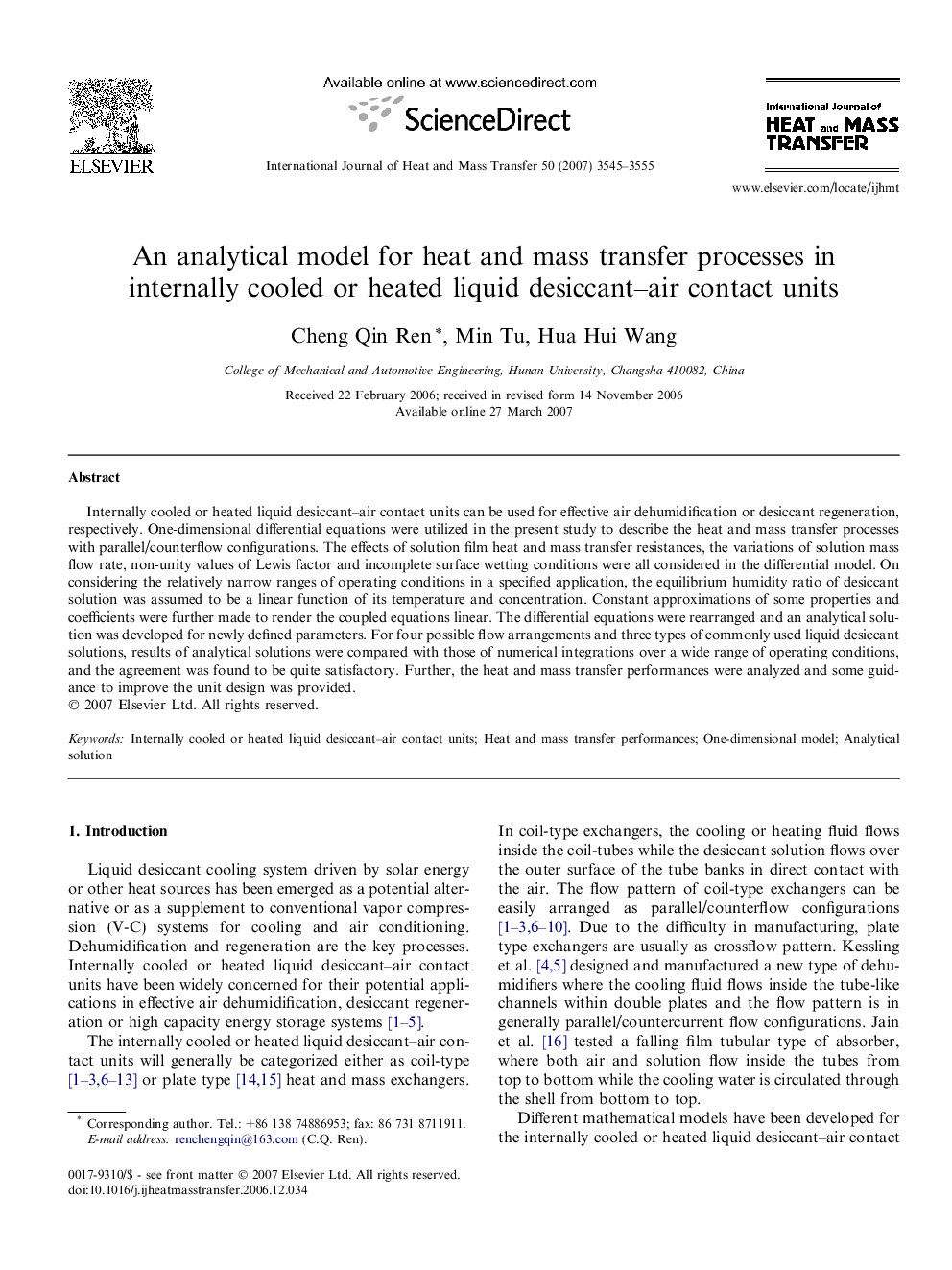 An analytical model for heat and mass transfer processes in internally cooled or heated liquid desiccant–air contact units