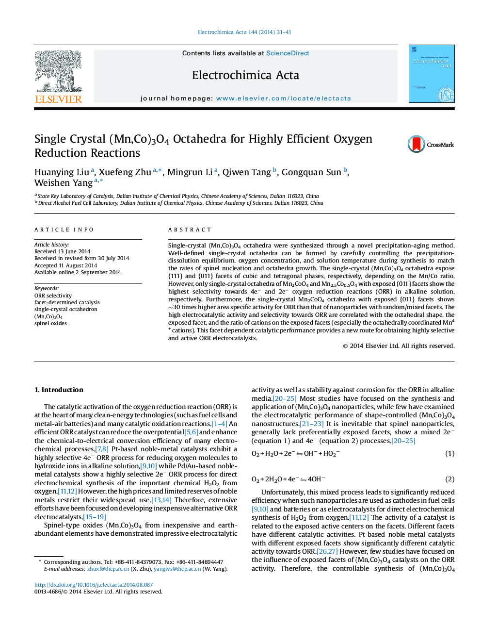 Single Crystal (Mn,Co)3O4 Octahedra for Highly Efficient Oxygen Reduction Reactions