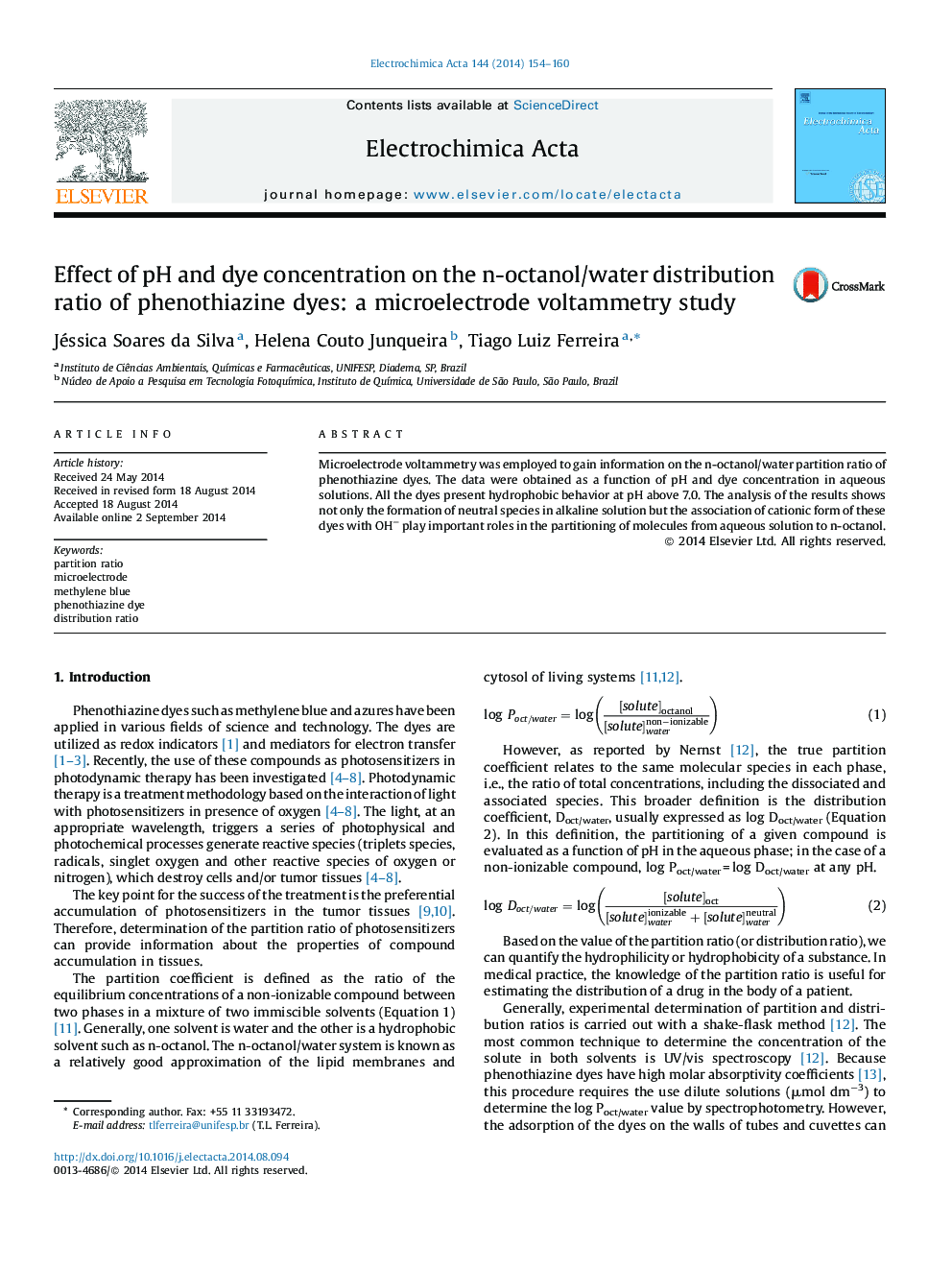 Effect of pH and dye concentration on the n-octanol/water distribution ratio of phenothiazine dyes: a microelectrode voltammetry study