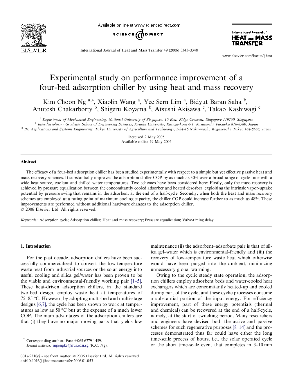 Experimental study on performance improvement of a four-bed adsorption chiller by using heat and mass recovery