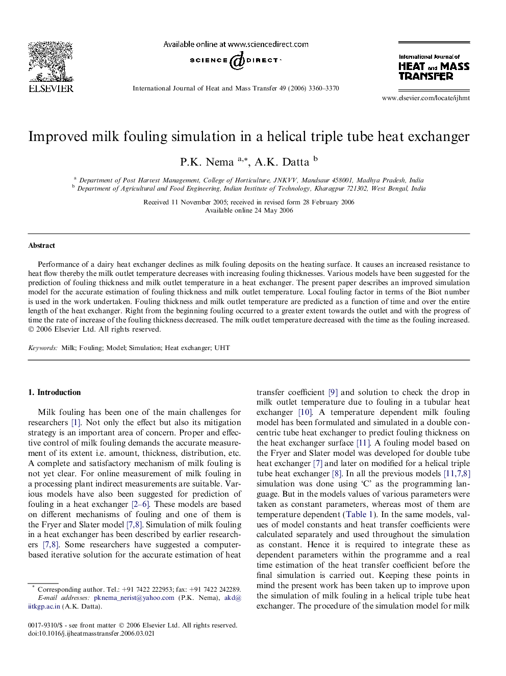 Improved milk fouling simulation in a helical triple tube heat exchanger