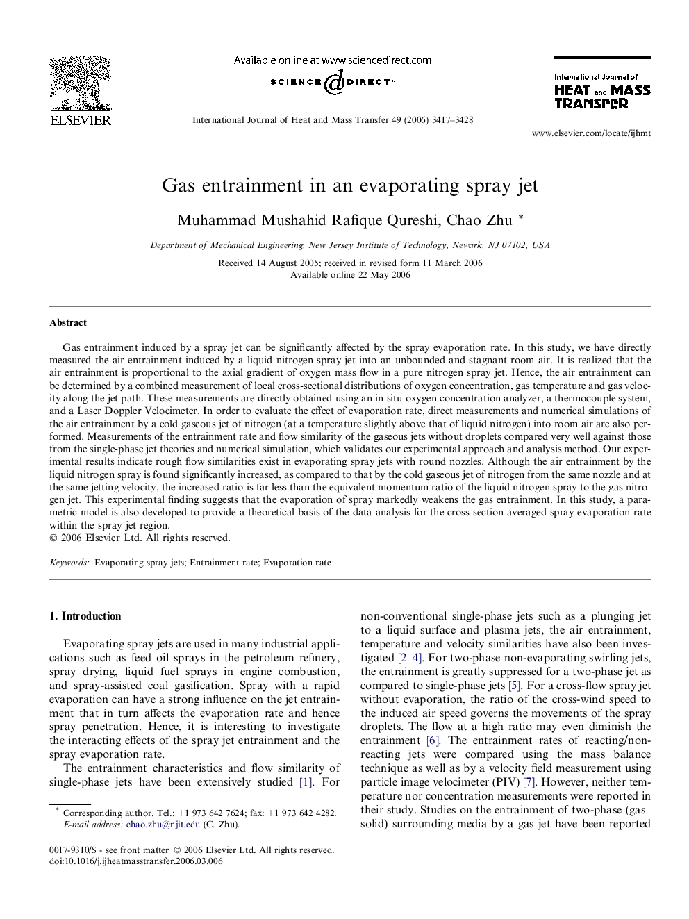 Gas entrainment in an evaporating spray jet