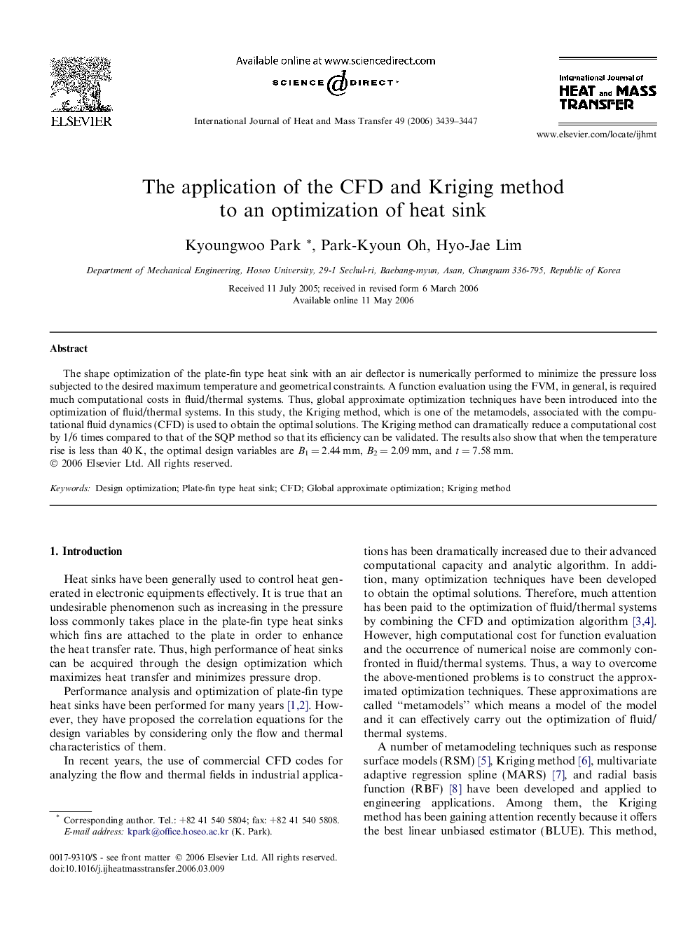 The application of the CFD and Kriging method to an optimization of heat sink