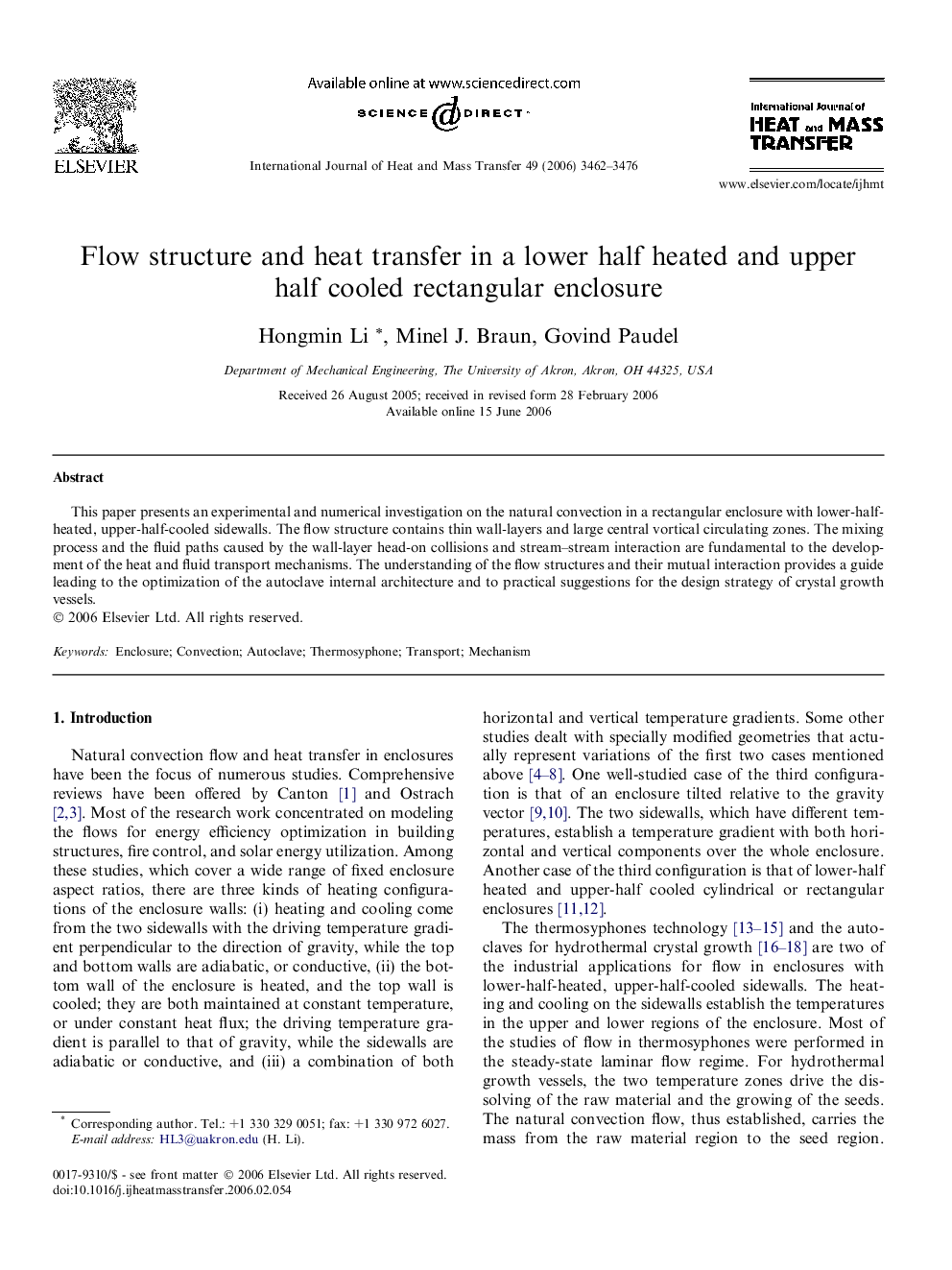 Flow structure and heat transfer in a lower half heated and upper half cooled rectangular enclosure