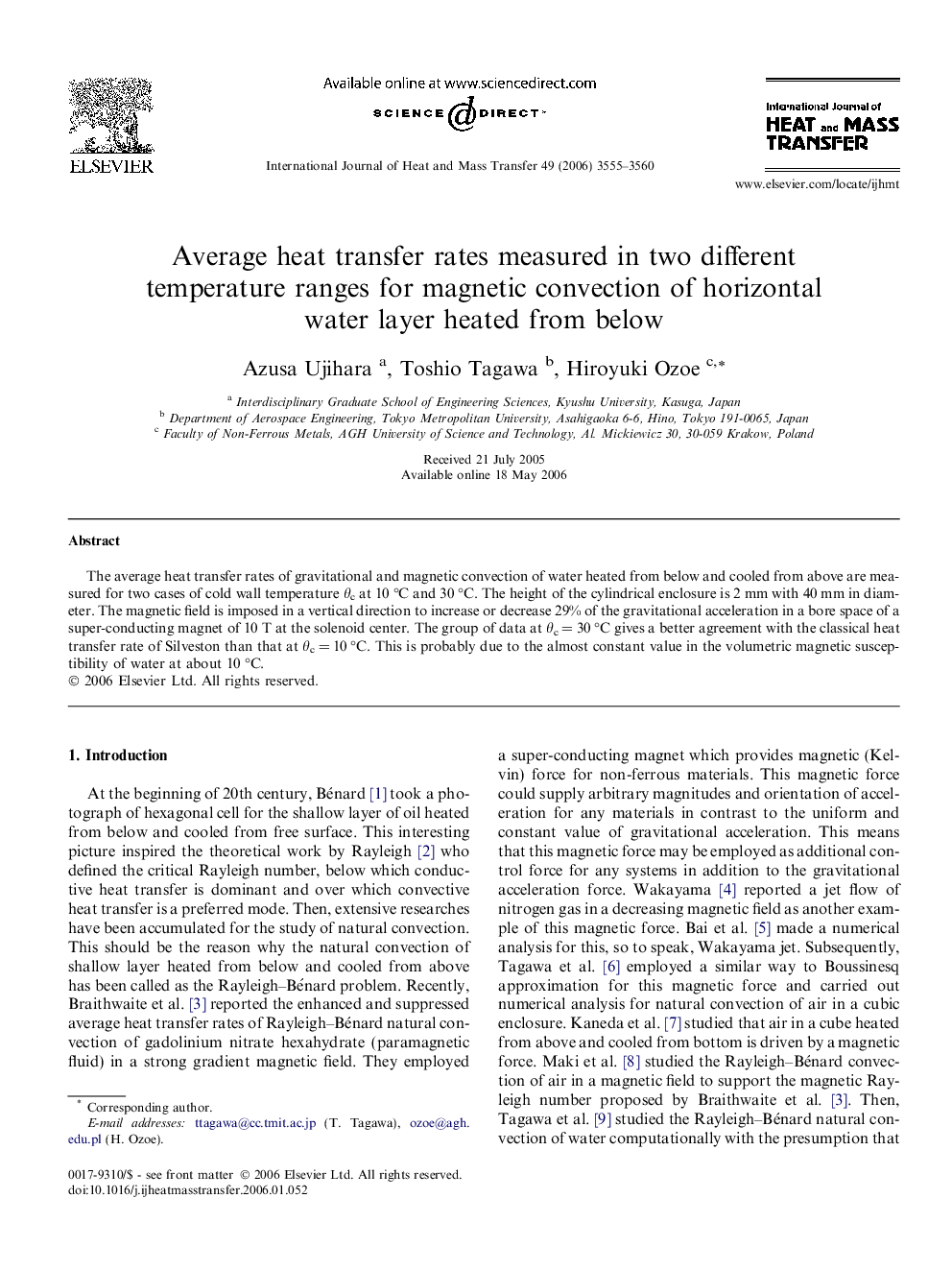 Average heat transfer rates measured in two different temperature ranges for magnetic convection of horizontal water layer heated from below