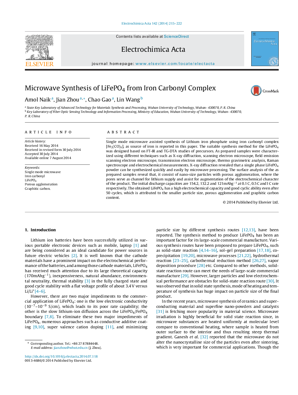 Microwave Synthesis of LiFePO4 from Iron Carbonyl Complex