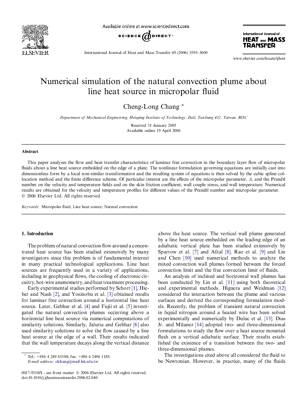 Numerical simulation of the natural convection plume about line heat source in micropolar fluid