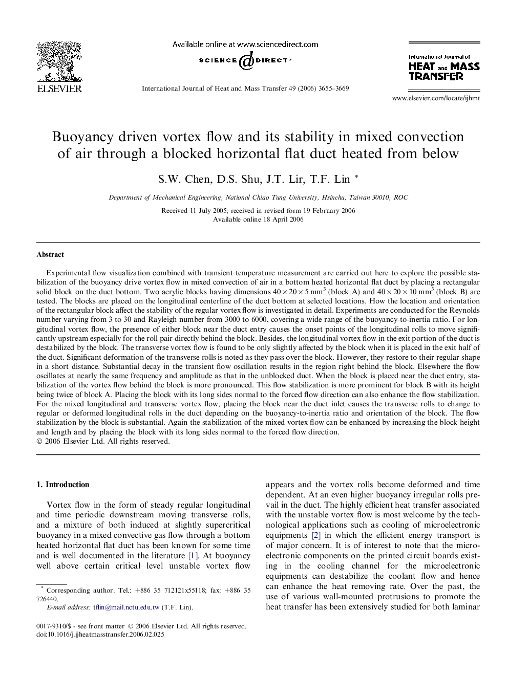 Buoyancy driven vortex flow and its stability in mixed convection of air through a blocked horizontal flat duct heated from below