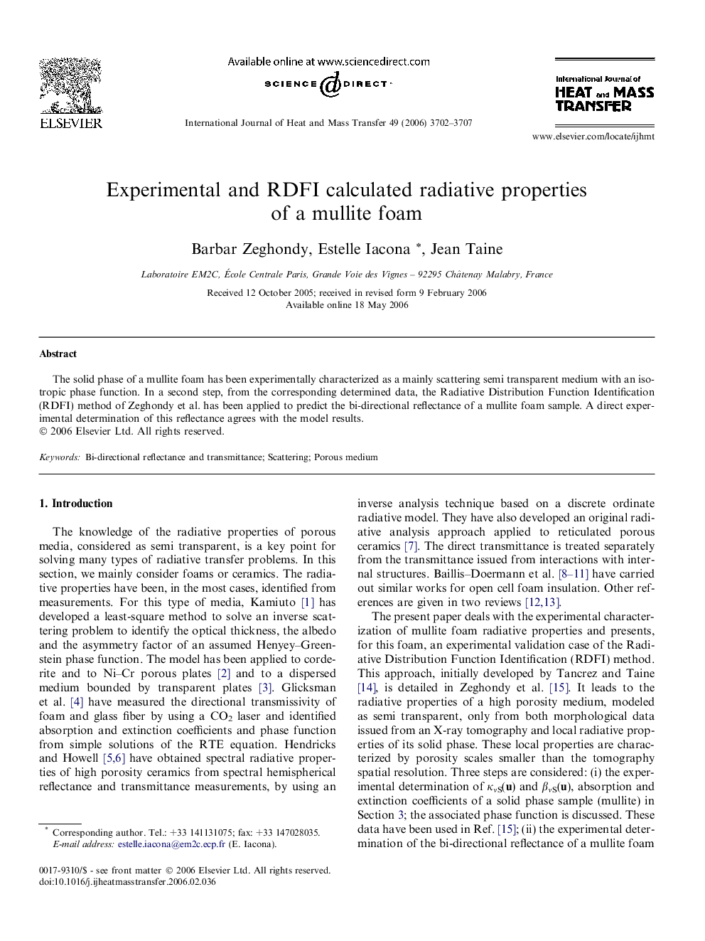 Experimental and RDFI calculated radiative properties of a mullite foam