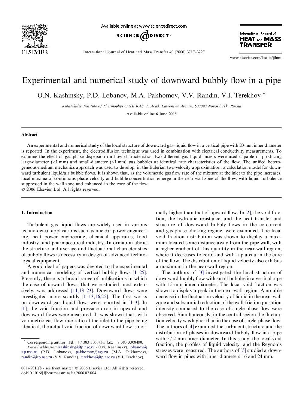 Experimental and numerical study of downward bubbly flow in a pipe