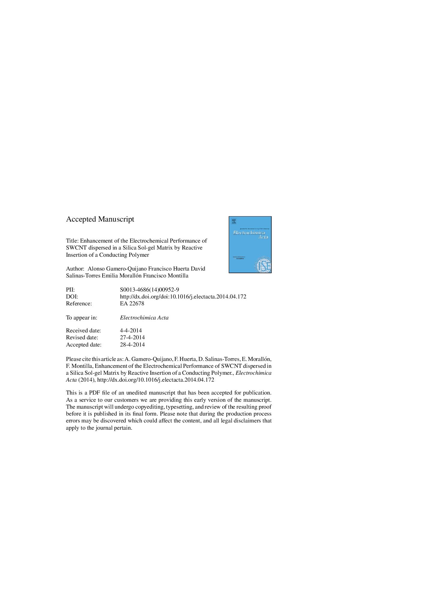 عکس صفحه اول مقاله: Enhancement of the Electrochemical Performance of SWCNT dispersed in a Silica Sol-gel Matrix by Reactive Insertion of a Conducting Polymer Enhancement of the Electrochemical Performance of SWCNT dispersed in a Silica Sol-gel Matrix by Reactive Insertion of a Conducting Polymer