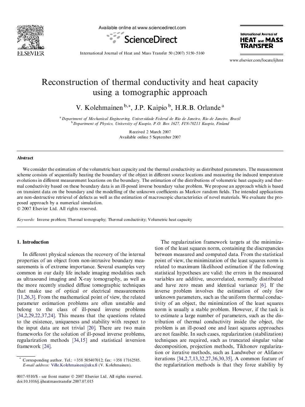 Reconstruction of thermal conductivity and heat capacity using a tomographic approach