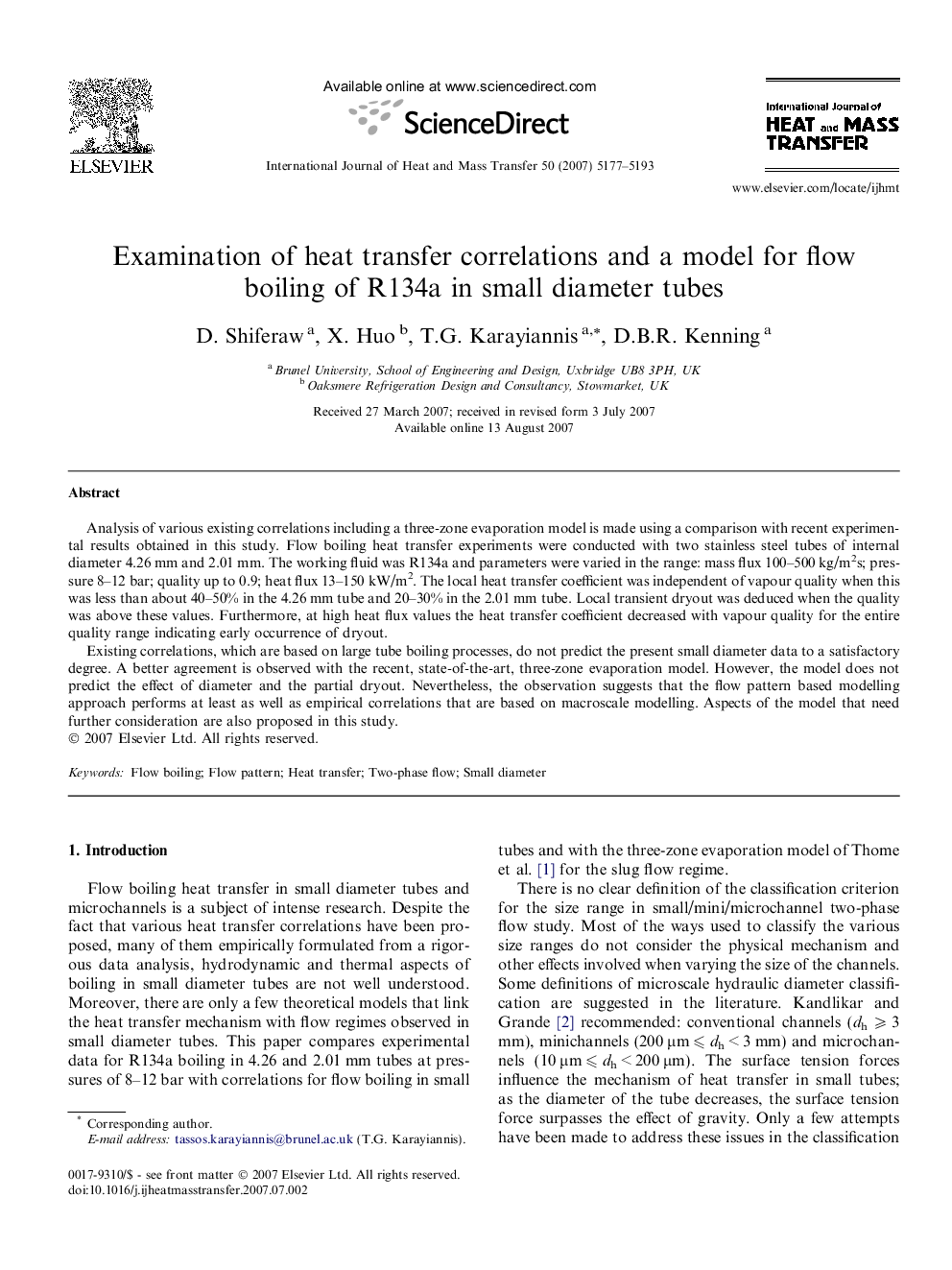 Examination of heat transfer correlations and a model for flow boiling of R134a in small diameter tubes