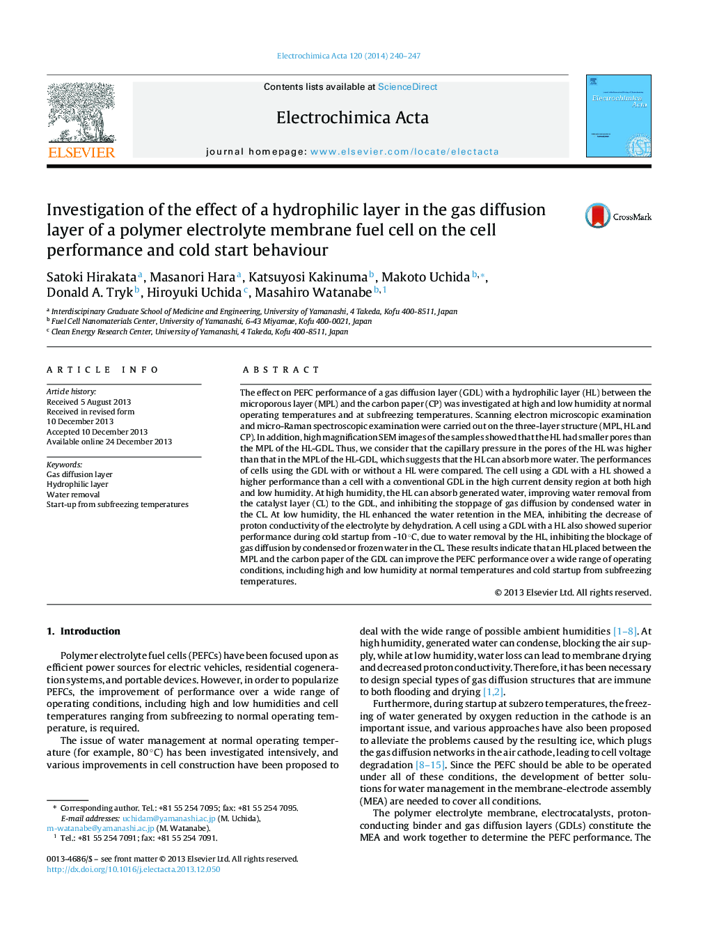 Investigation of the effect of a hydrophilic layer in the gas diffusion layer of a polymer electrolyte membrane fuel cell on the cell performance and cold start behaviour