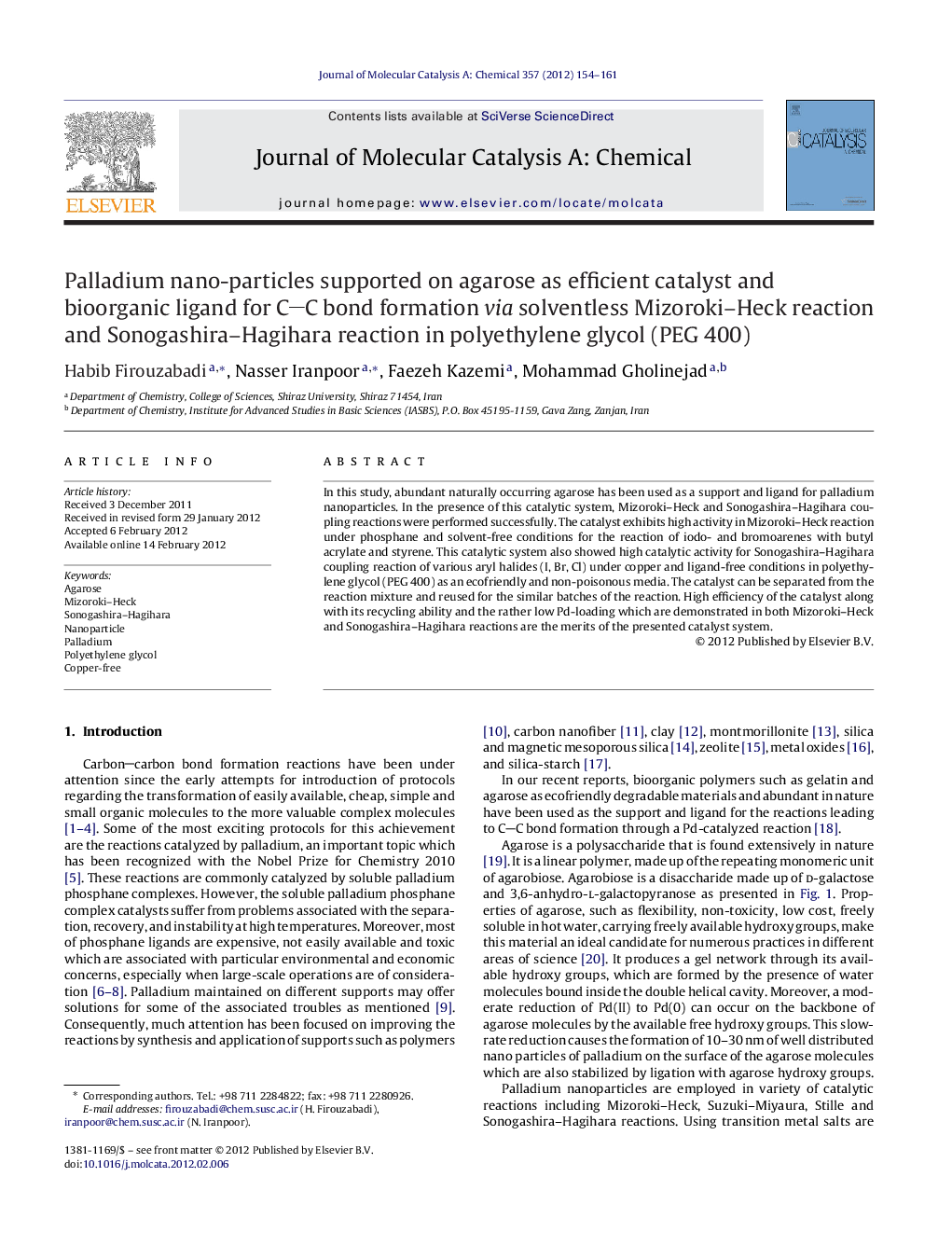 Palladium nano-particles supported on agarose as efficient catalyst and bioorganic ligand for CC bond formation via solventless Mizoroki–Heck reaction and Sonogashira–Hagihara reaction in polyethylene glycol (PEG 400)