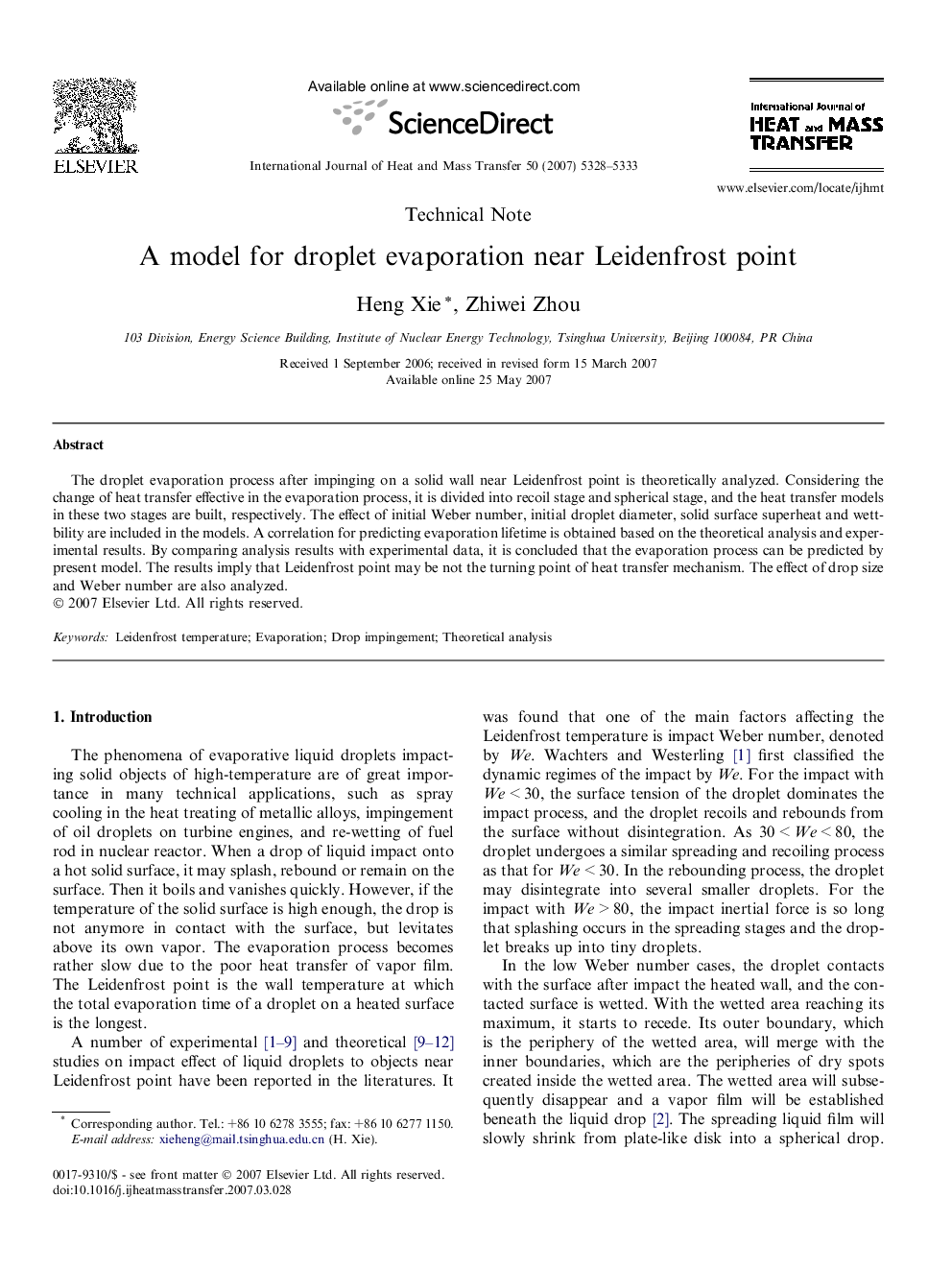 A model for droplet evaporation near Leidenfrost point