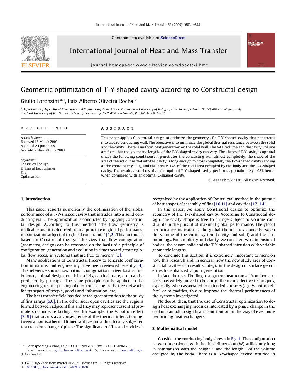 Geometric optimization of T-Y-shaped cavity according to Constructal design