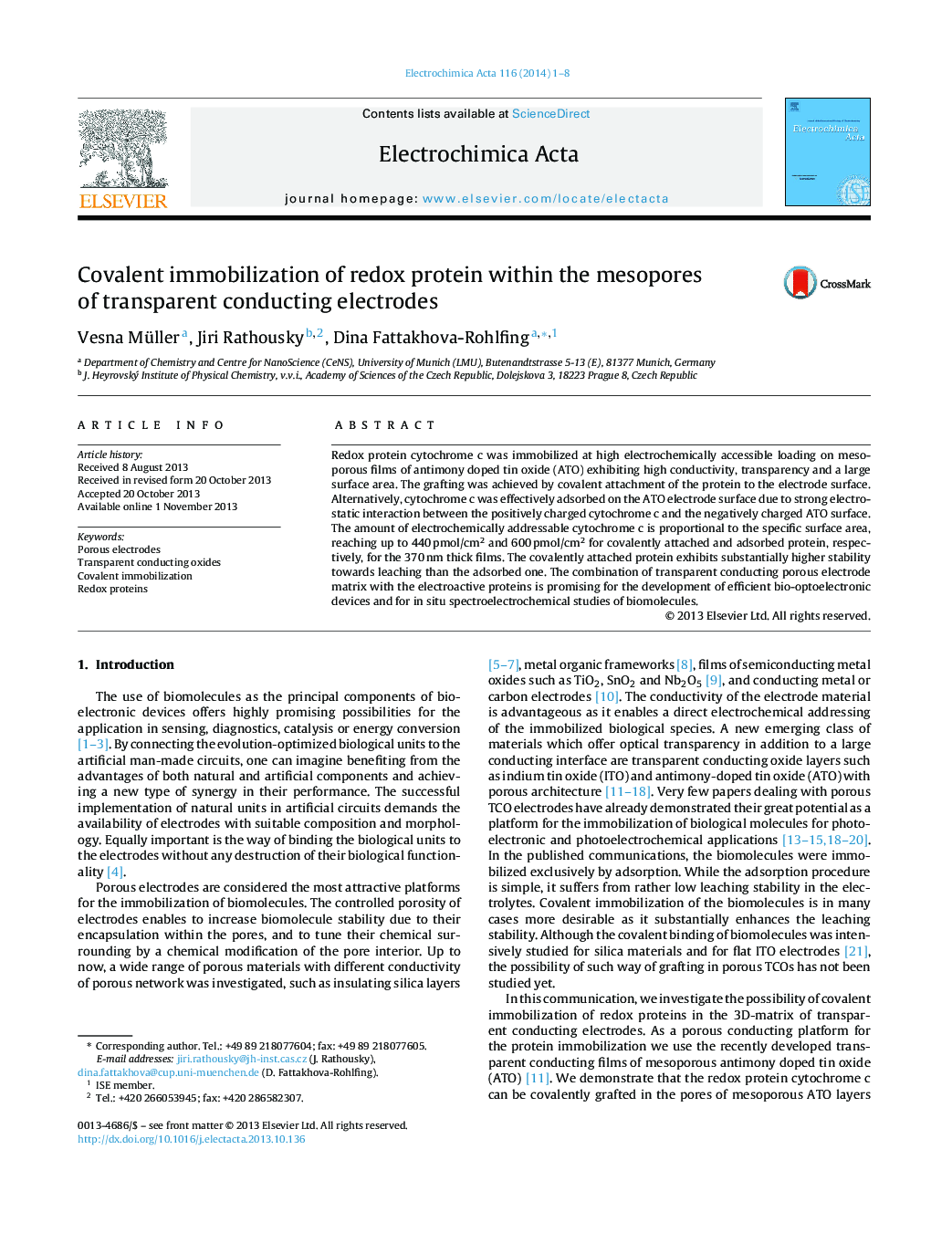 Covalent immobilization of redox protein within the mesopores of transparent conducting electrodes