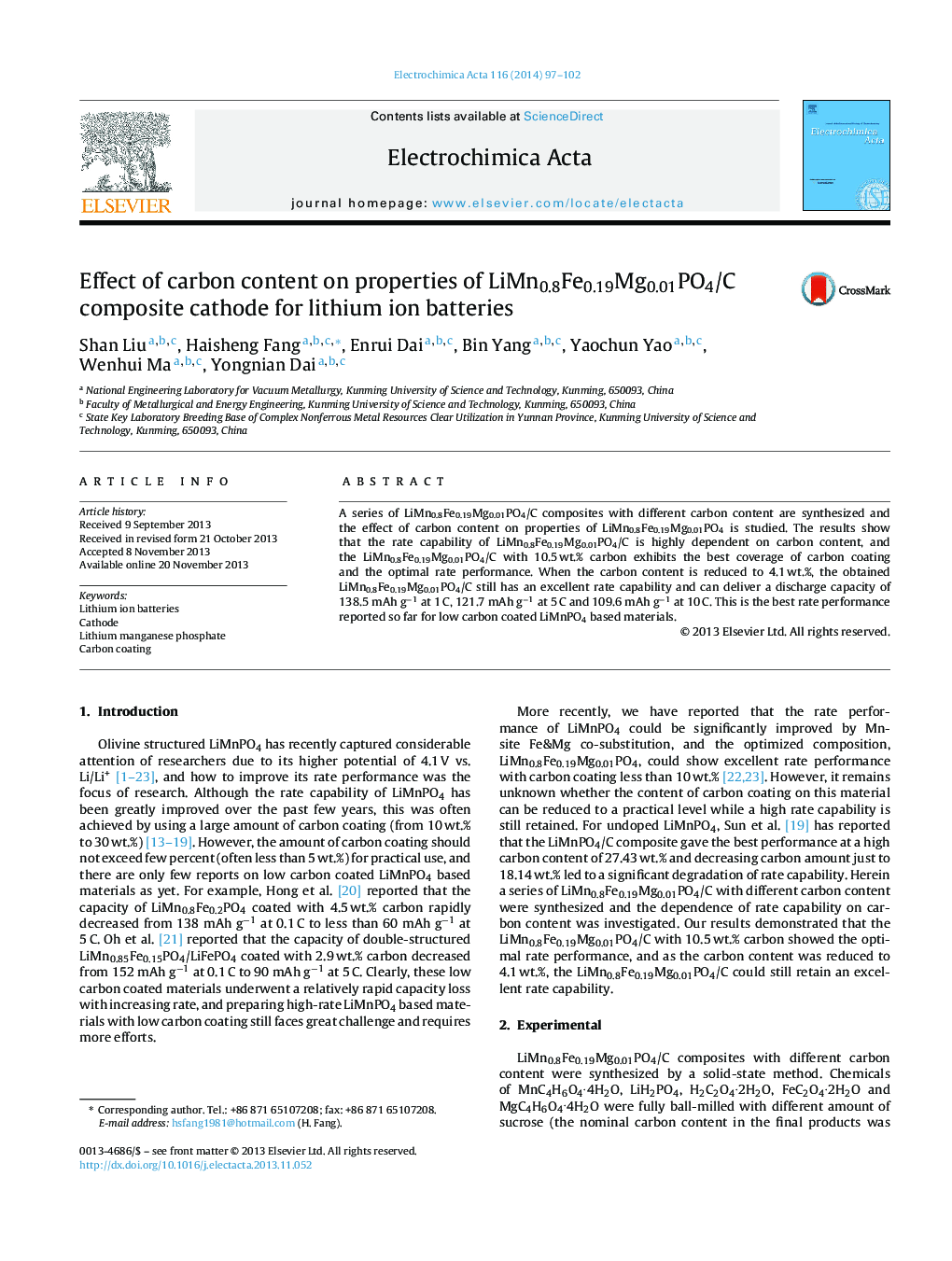 Effect of carbon content on properties of LiMn0.8Fe0.19Mg0.01PO4/C composite cathode for lithium ion batteries