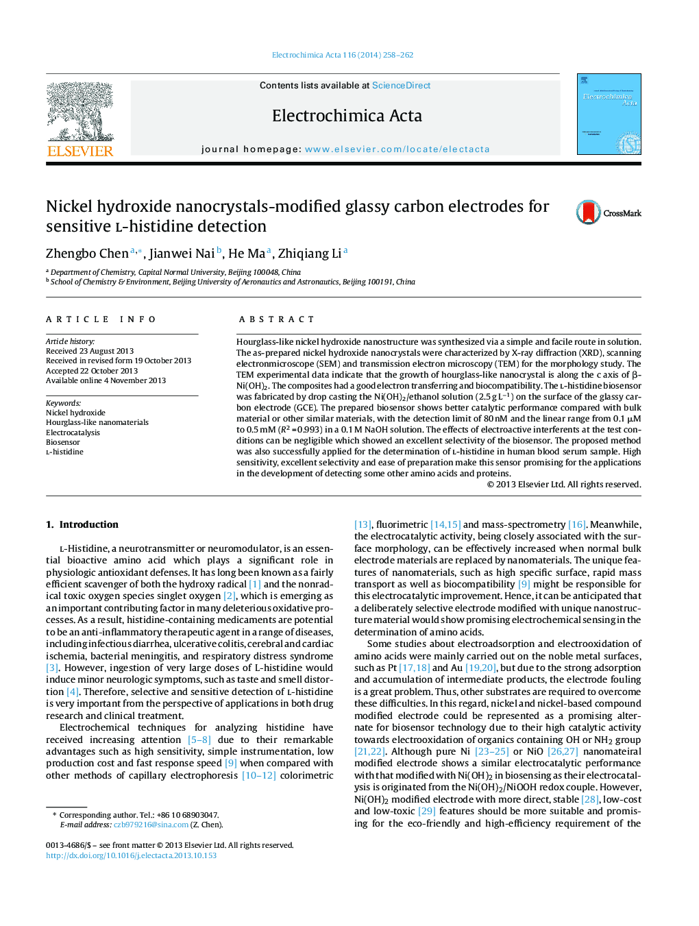 Nickel hydroxide nanocrystals-modified glassy carbon electrodes for sensitive l-histidine detection