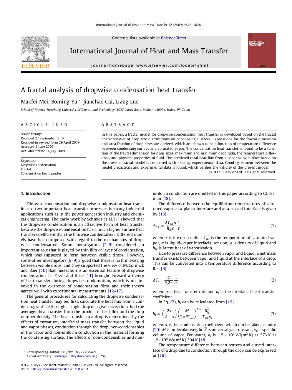 A fractal analysis of dropwise condensation heat transfer