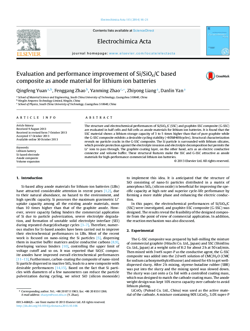 Evaluation and performance improvement of Si/SiOx/C based composite as anode material for lithium ion batteries