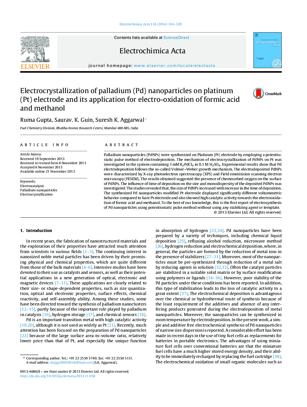 Electrocrystallization of palladium (Pd) nanoparticles on platinum (Pt) electrode and its application for electro-oxidation of formic acid and methanol