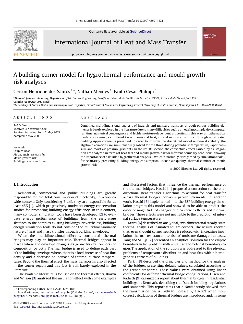 A building corner model for hygrothermal performance and mould growth risk analyses