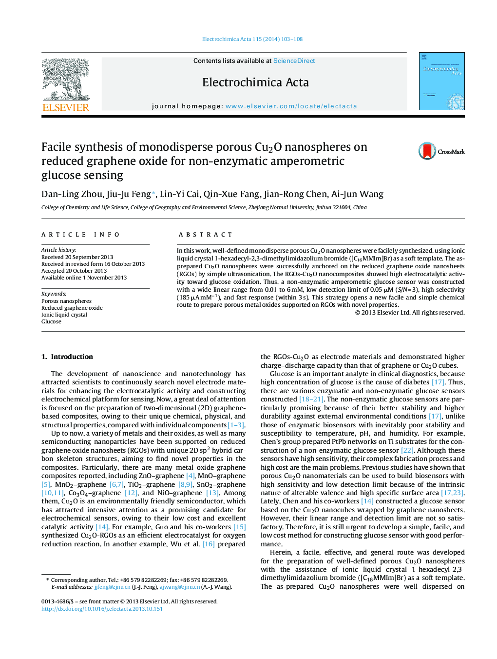 Facile synthesis of monodisperse porous Cu2O nanospheres on reduced graphene oxide for non-enzymatic amperometric glucose sensing