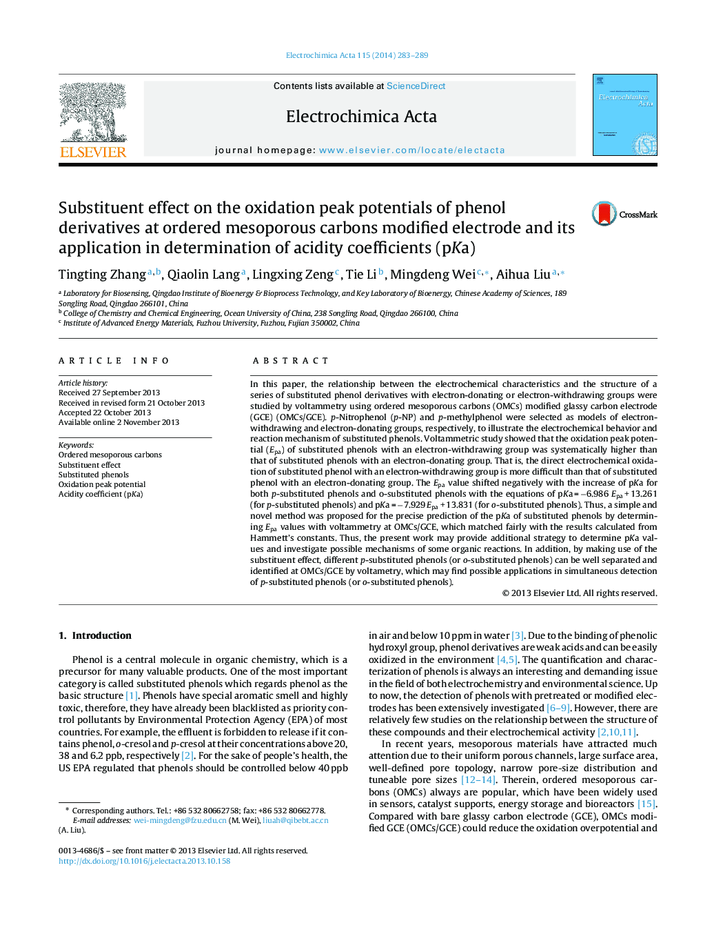 Substituent effect on the oxidation peak potentials of phenol derivatives at ordered mesoporous carbons modified electrode and its application in determination of acidity coefficients (pKa)