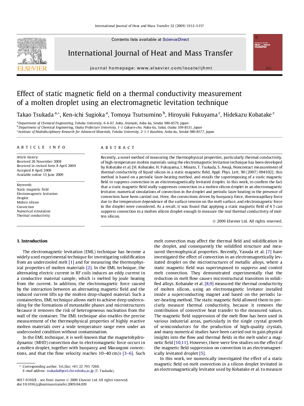 Effect of static magnetic field on a thermal conductivity measurement of a molten droplet using an electromagnetic levitation technique