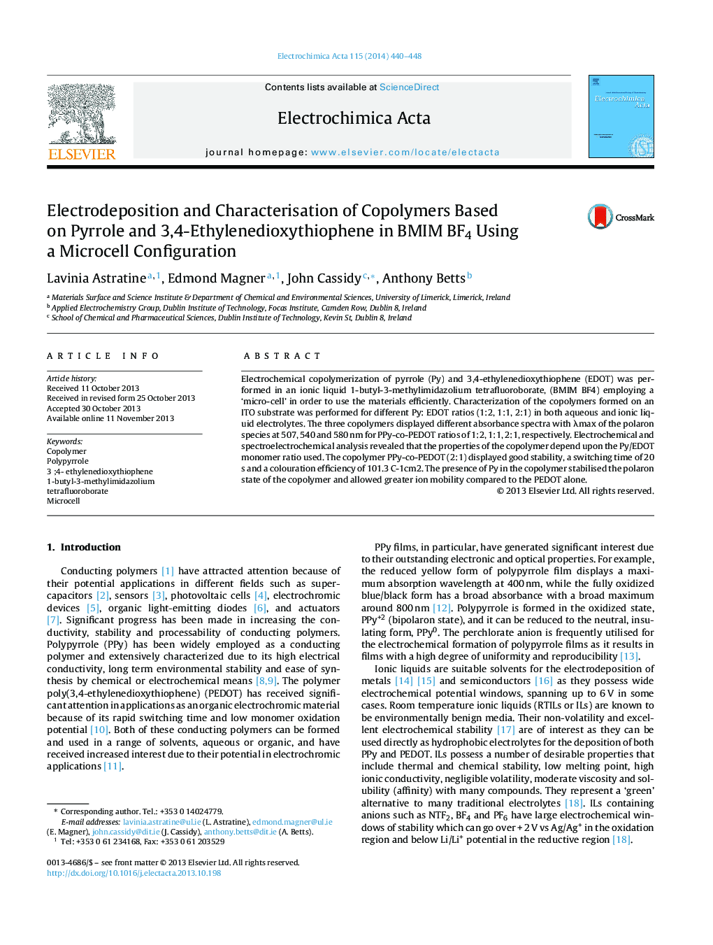 Electrodeposition and Characterisation of Copolymers Based on Pyrrole and 3,4-Ethylenedioxythiophene in BMIM BF4 Using a Microcell Configuration