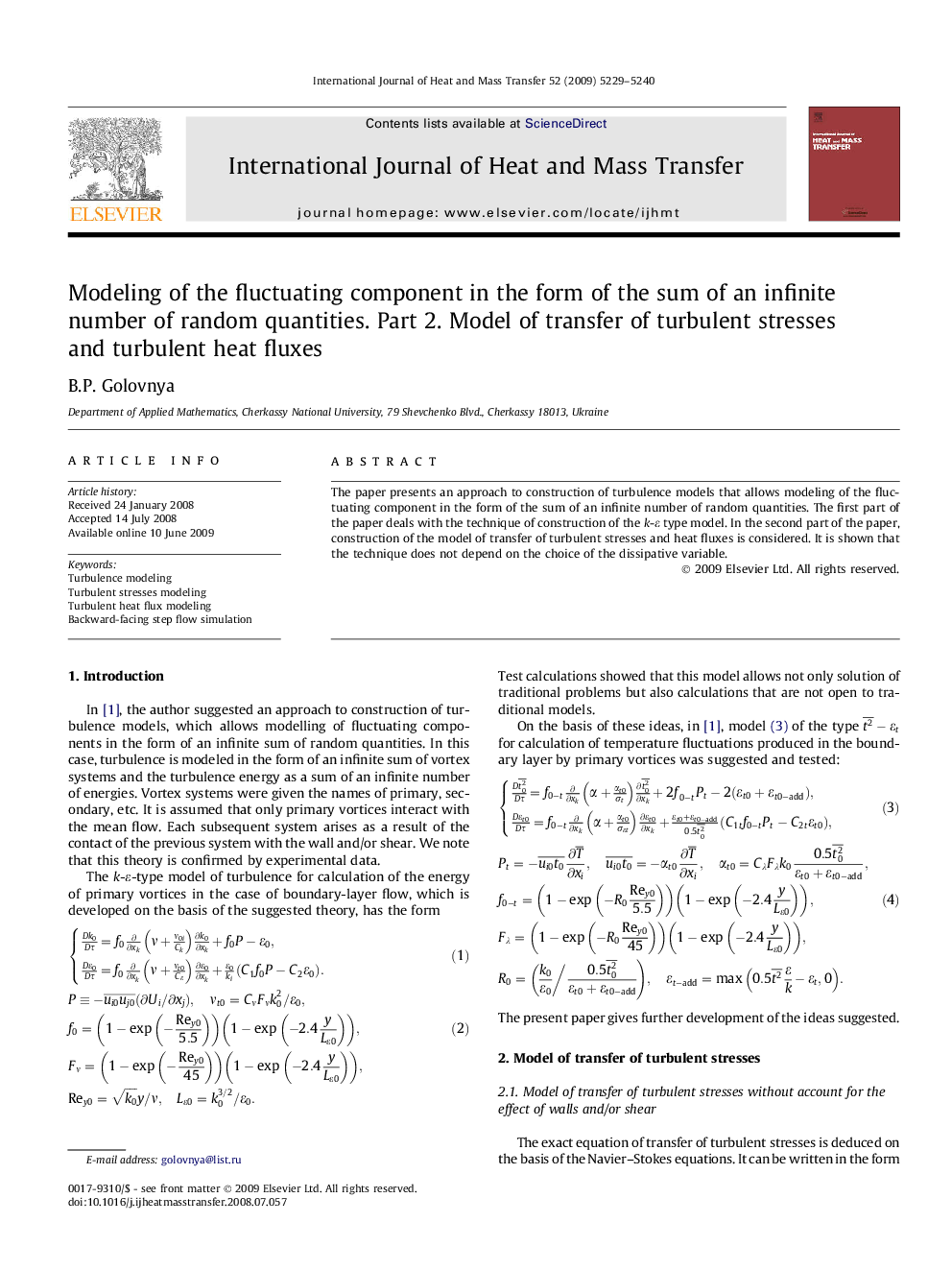 Modeling of the fluctuating component in the form of the sum of an infinite number of random quantities. Part 2. Model of transfer of turbulent stresses and turbulent heat fluxes