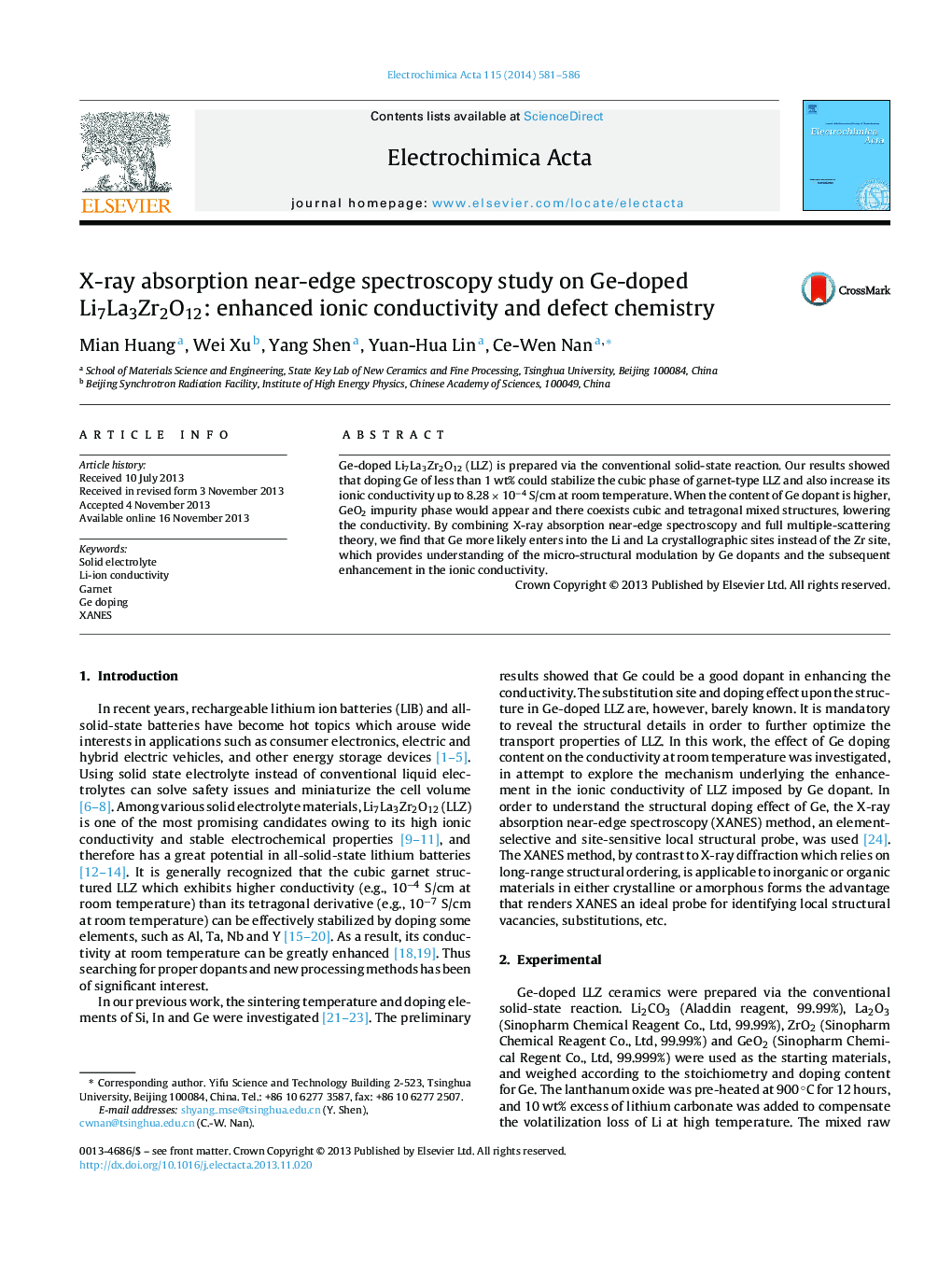 X-ray absorption near-edge spectroscopy study on Ge-doped Li7La3Zr2O12: enhanced ionic conductivity and defect chemistry