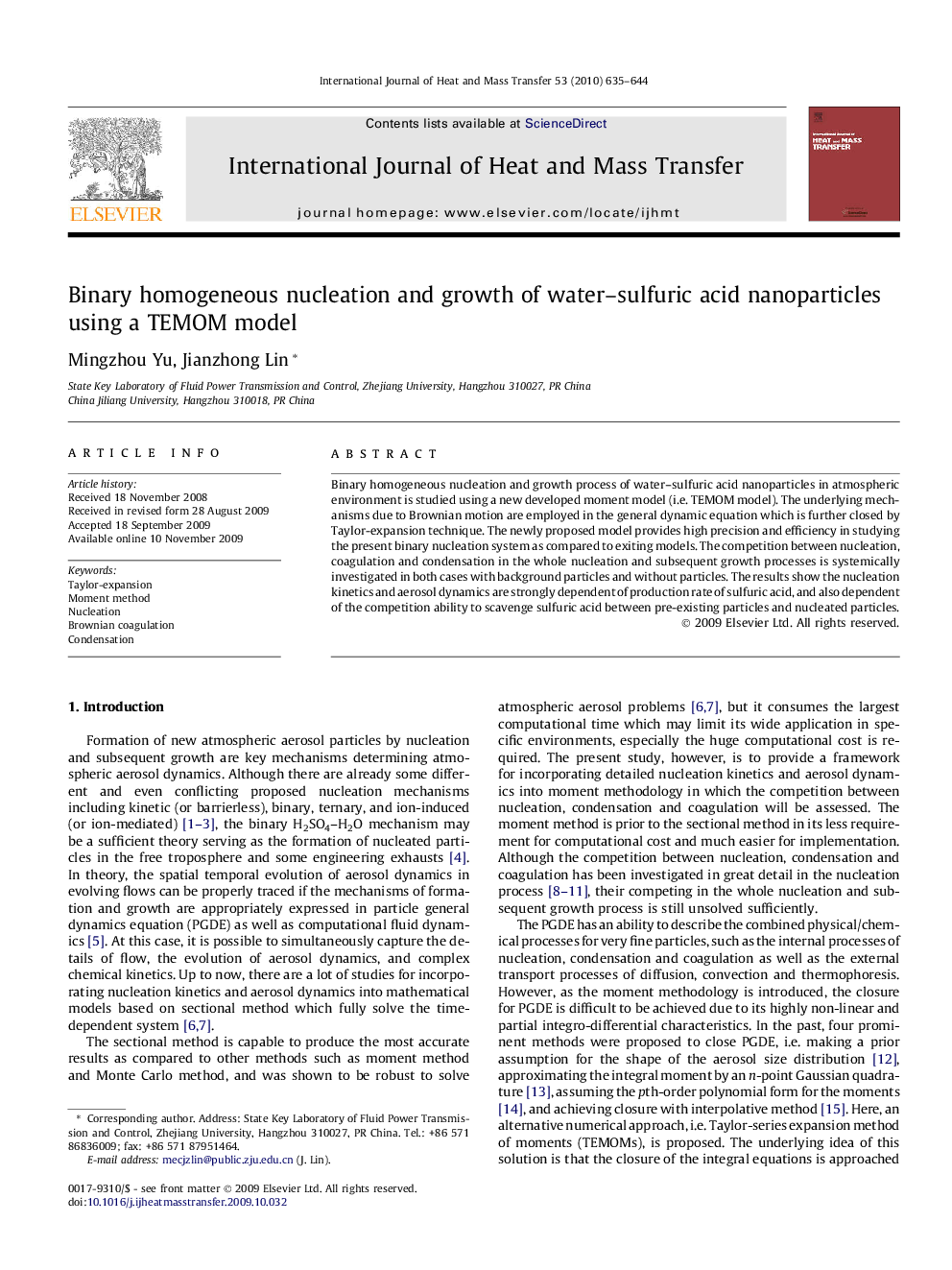 Binary homogeneous nucleation and growth of water–sulfuric acid nanoparticles using a TEMOM model