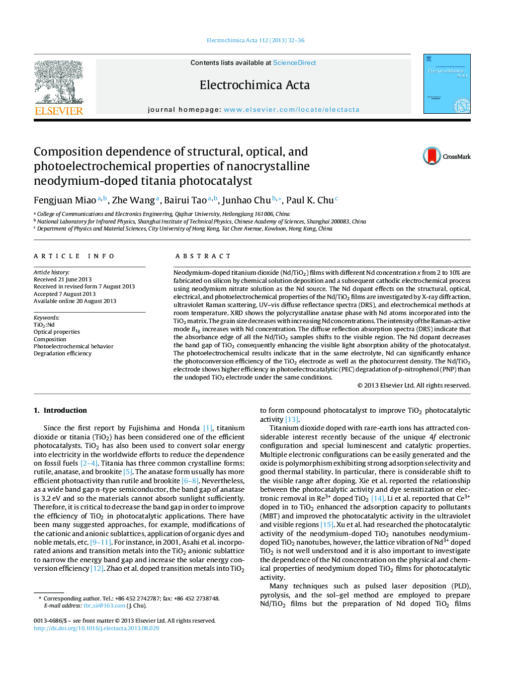 Composition dependence of structural, optical, and photoelectrochemical properties of nanocrystalline neodymium-doped titania photocatalyst