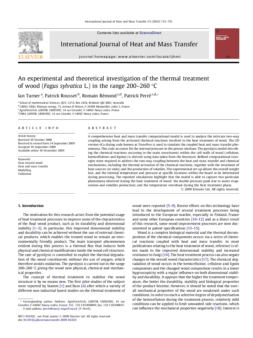 An experimental and theoretical investigation of the thermal treatment of wood (Fagus sylvatica L.) in the range 200–260 °C