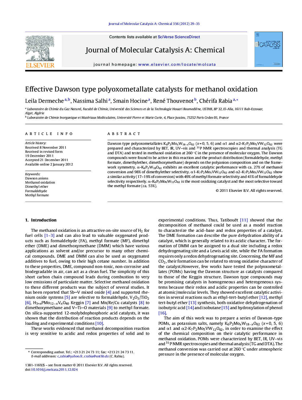 Effective Dawson type polyoxometallate catalysts for methanol oxidation