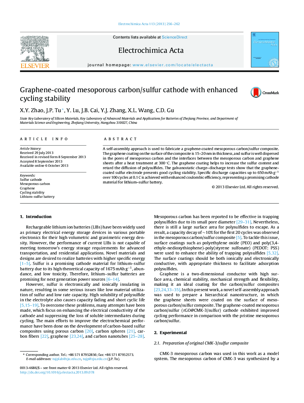 Graphene-coated mesoporous carbon/sulfur cathode with enhanced cycling stability