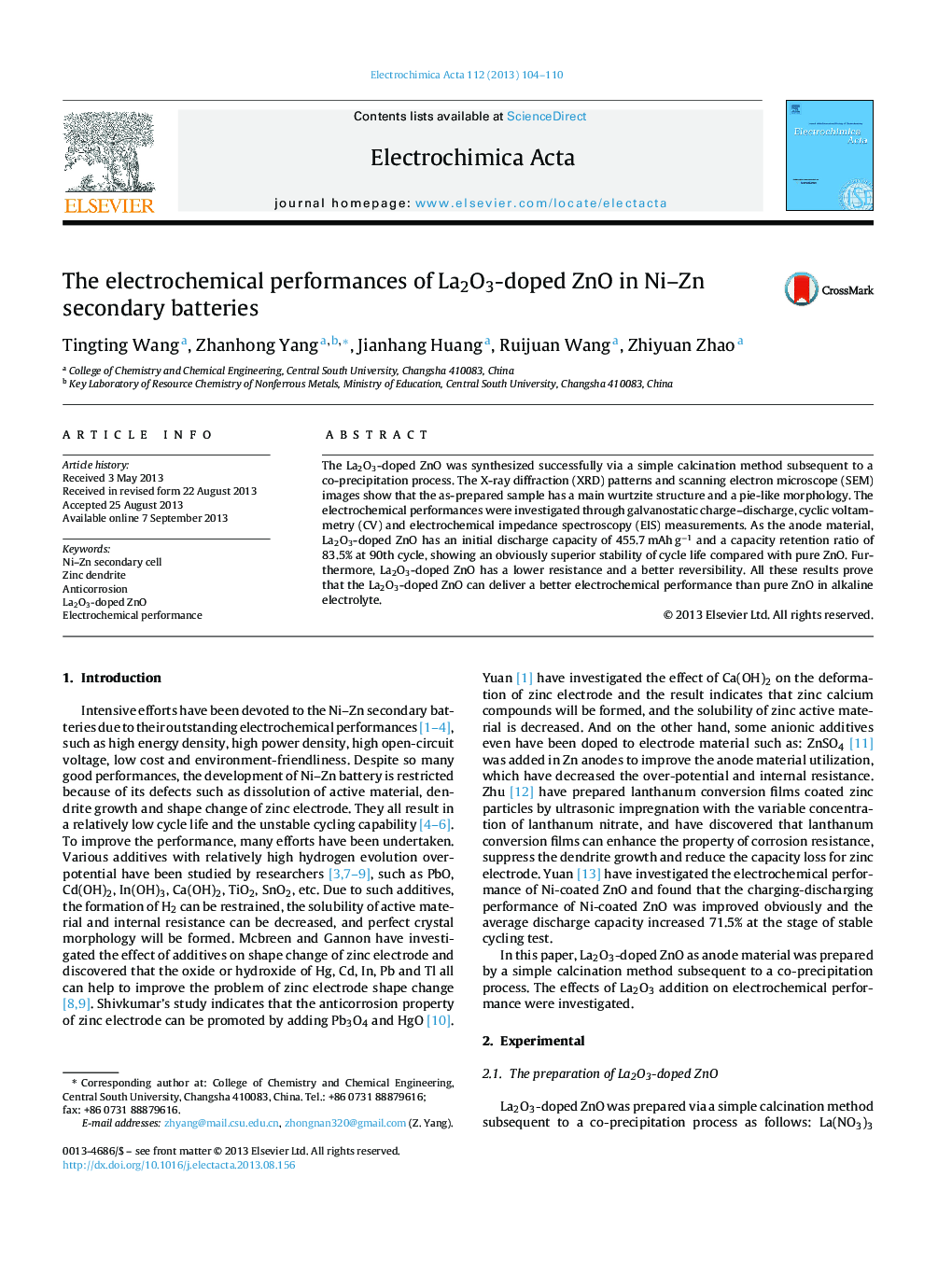 The electrochemical performances of La2O3-doped ZnO in Ni-Zn secondary batteries