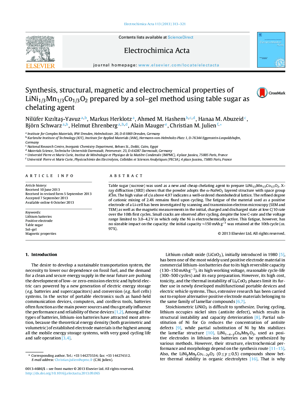 Synthesis, structural, magnetic and electrochemical properties of LiNi1/3Mn1/3Co1/3O2 prepared by a sol-gel method using table sugar as chelating agent