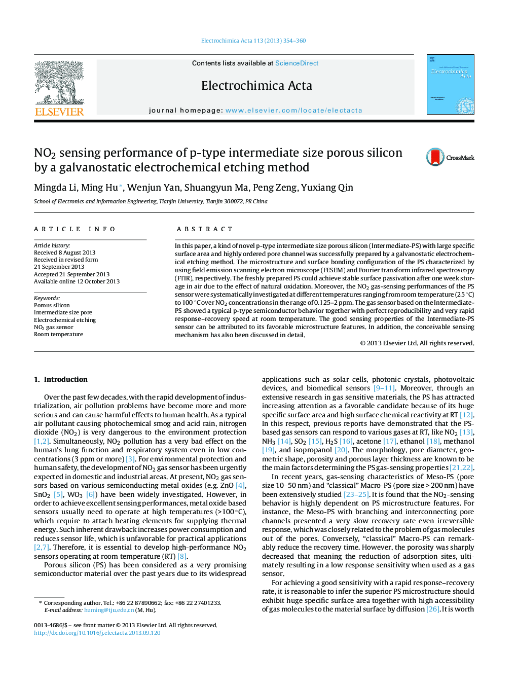 NO2 sensing performance of p-type intermediate size porous silicon by a galvanostatic electrochemical etching method