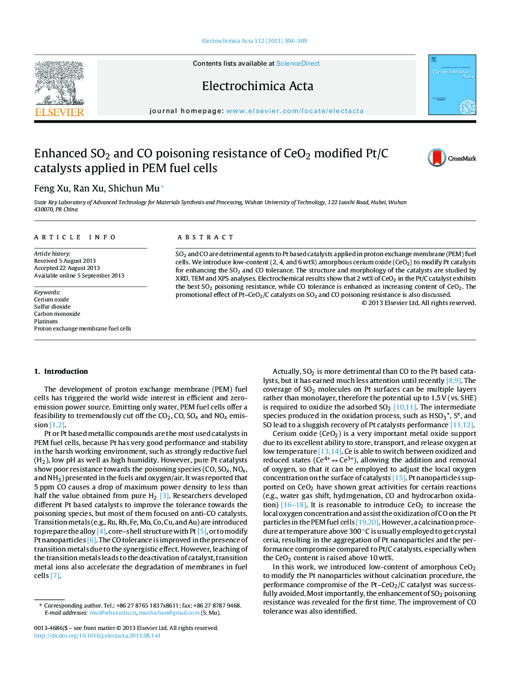 Enhanced SO2 and CO poisoning resistance of CeO2 modified Pt/C catalysts applied in PEM fuel cells