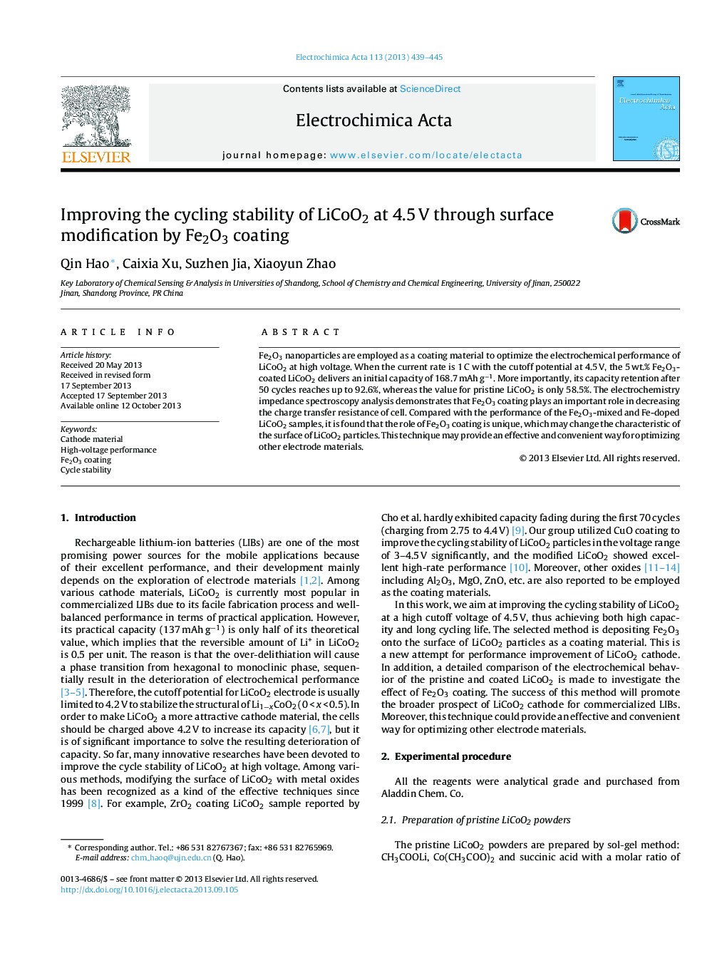 Improving the cycling stability of LiCoO2 at 4.5Â V through surface modification by Fe2O3 coating