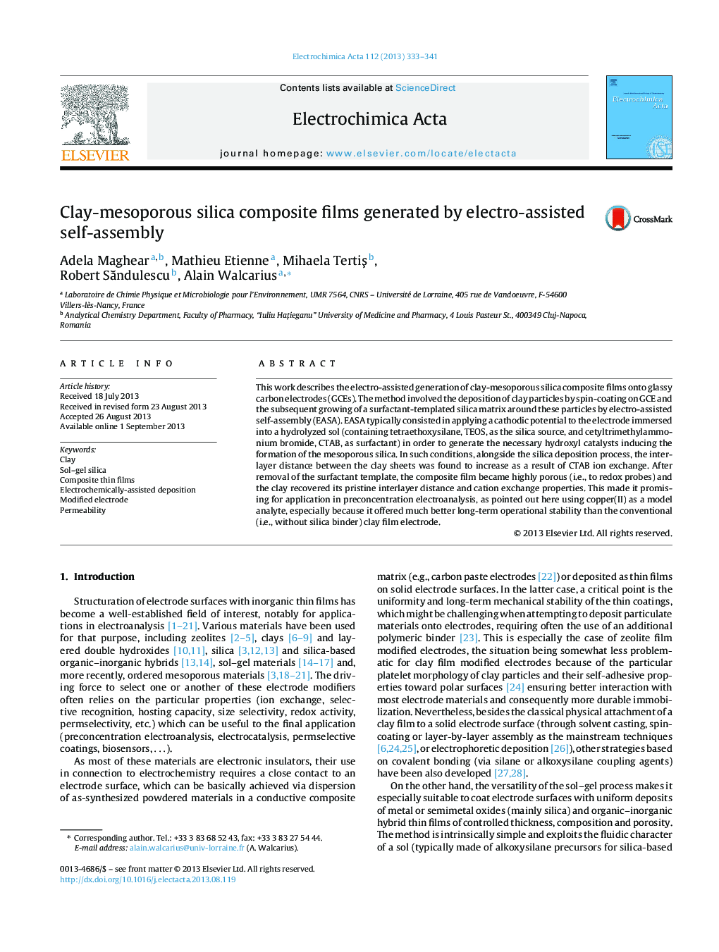 Clay-mesoporous silica composite films generated by electro-assisted self-assembly