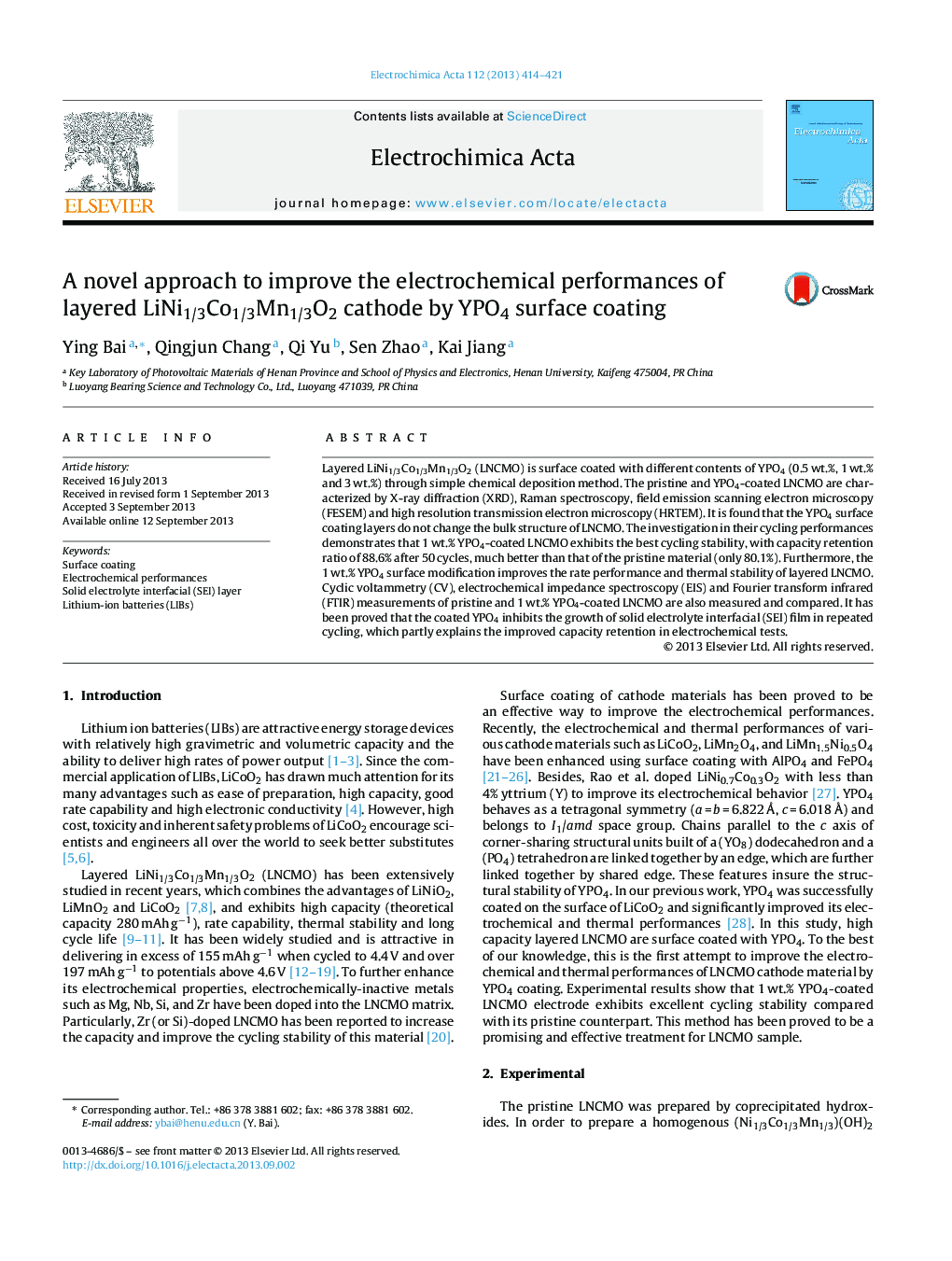 A novel approach to improve the electrochemical performances of layered LiNi1/3Co1/3Mn1/3O2 cathode by YPO4 surface coating