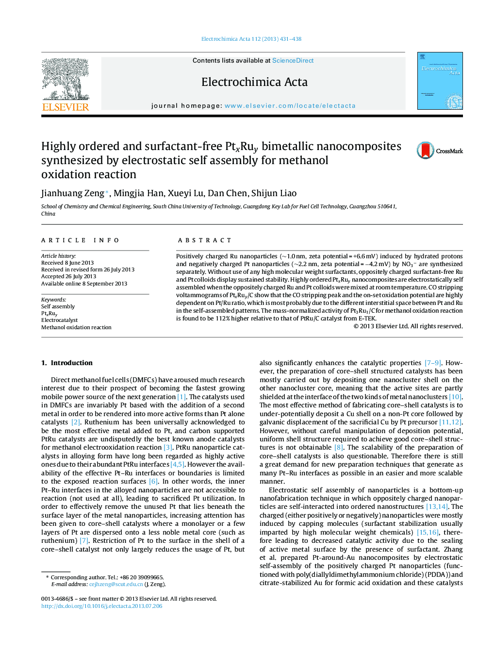 عکس صفحه اول مقاله: Highly ordered and surfactant-free PtxRuy bimetallic nanocomposites synthesized by electrostatic self assembly for methanol oxidation reaction Highly ordered and surfactant-free PtxRuy bimetallic nanocomposites synthesized by electrostatic self assembly for methanol oxidation reaction