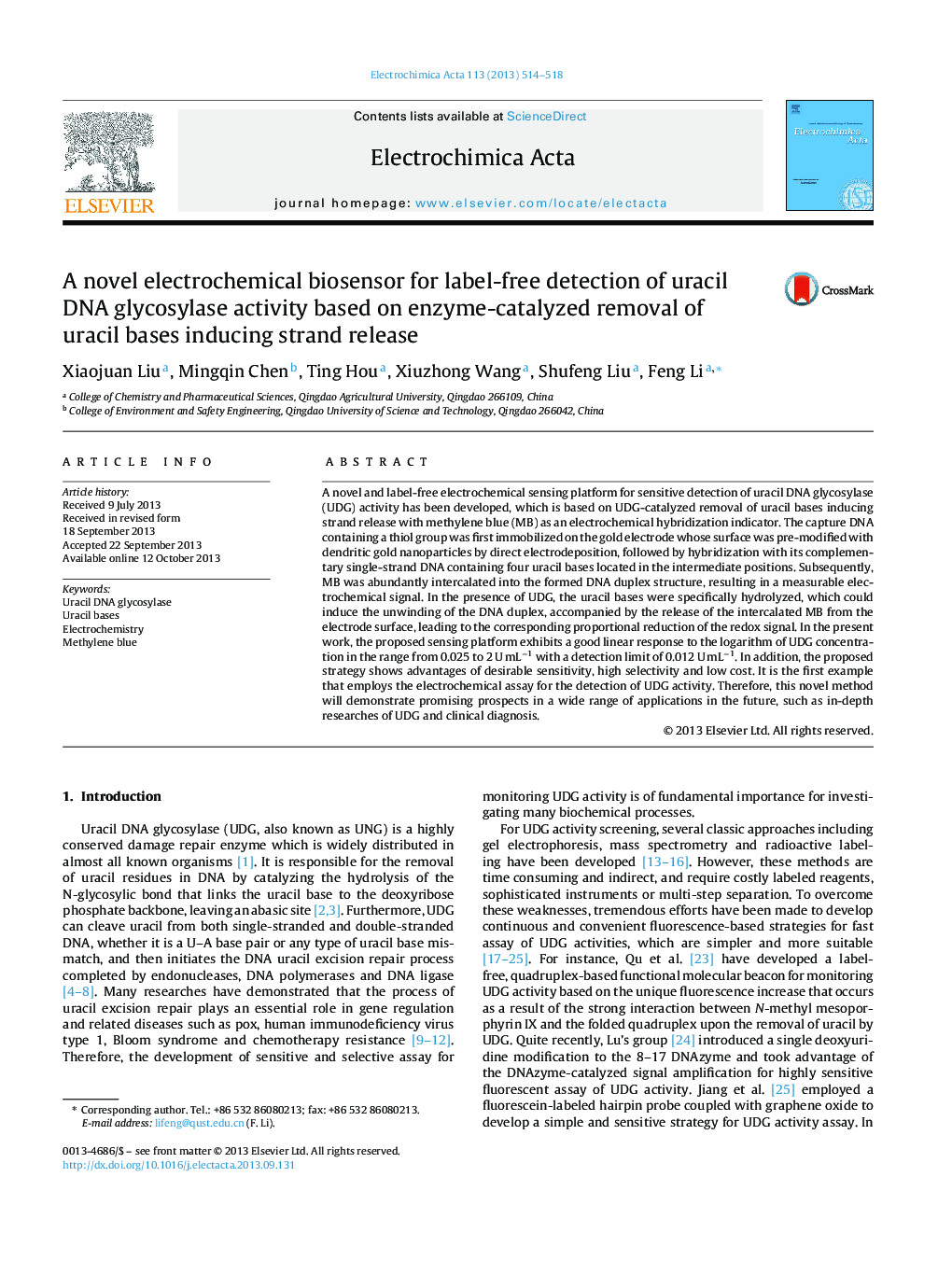 A novel electrochemical biosensor for label-free detection of uracil DNA glycosylase activity based on enzyme-catalyzed removal of uracil bases inducing strand release