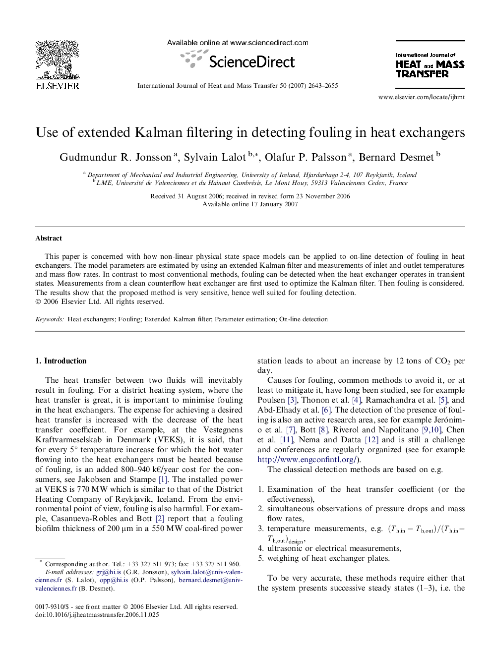 Use of extended Kalman filtering in detecting fouling in heat exchangers