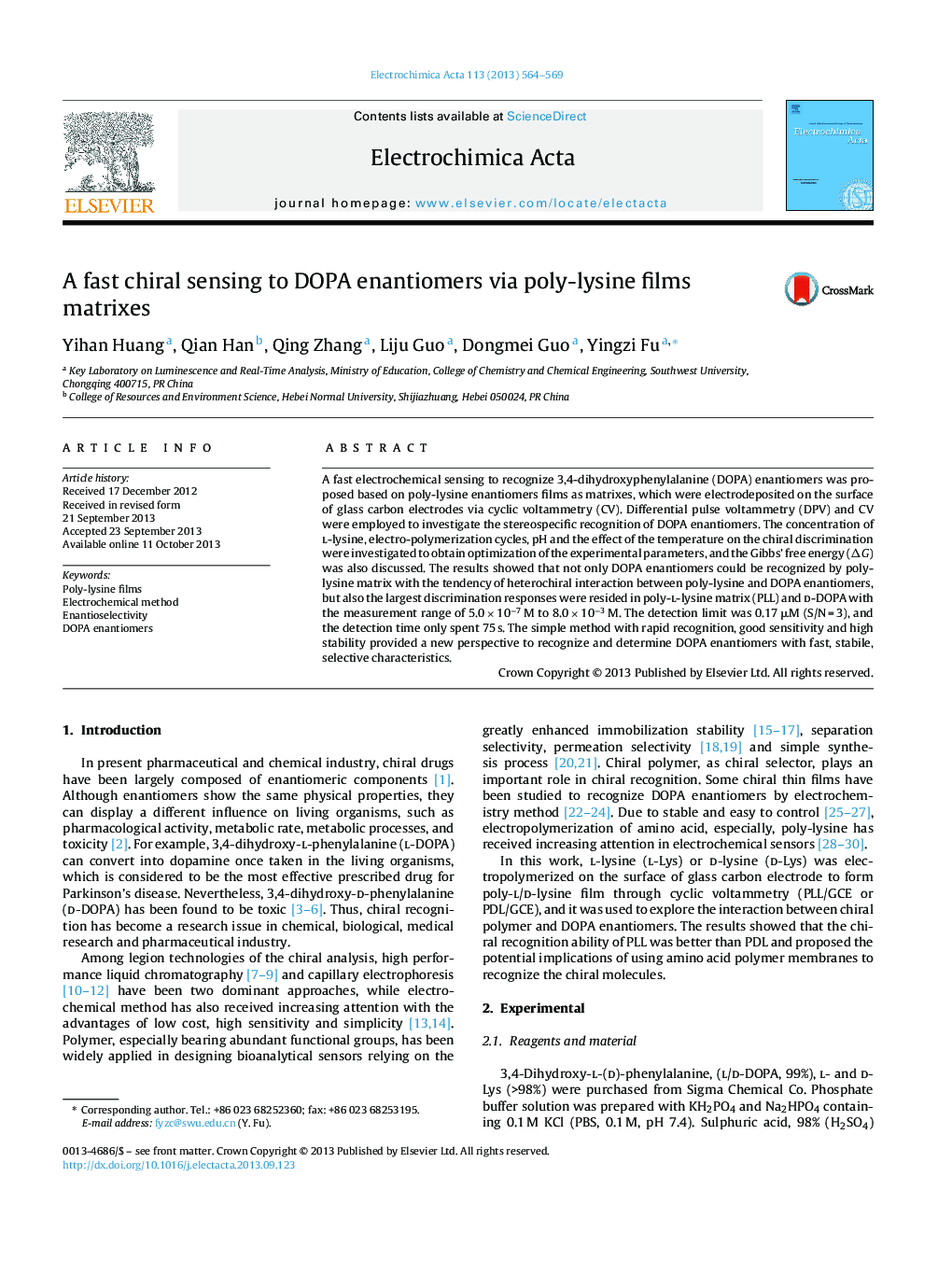 A fast chiral sensing to DOPA enantiomers via poly-lysine films matrixes